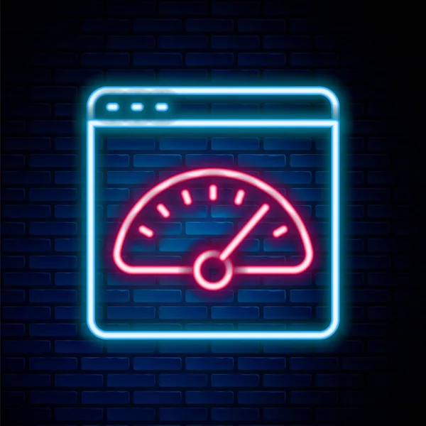 Glowing neon line Digital speed meter icon isolated on brick wall background. Global network high speed connection data rate technology. Colorful outline concept. Vector — Wektor stockowy