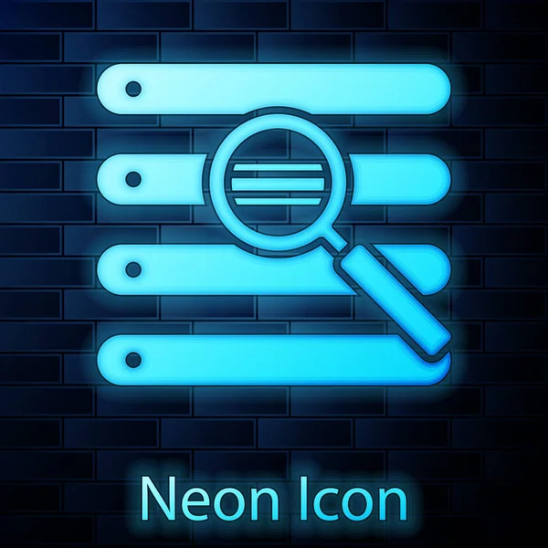 Néon brilhante Procure em um ícone de janela do navegador isolado no fundo da parede de tijolo. Ilustração vetorial — Vetor de Stock