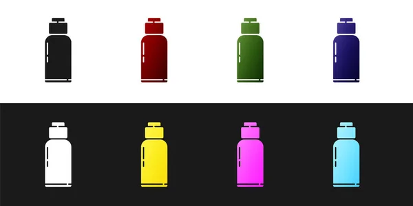Set Canteen Wasserflasche Symbol isoliert auf schwarz-weißem Hintergrund. Ikone der Touristenflasche. Krug Wasserverbrauch in der Kampagne. Vektorillustration — Stockvektor