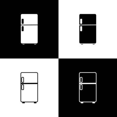 Buzdolabı simgesini siyah beyaz arkaplanda izole et. Buzdolabı buzdolabı. Ev aletleri ve aletler. Vektör