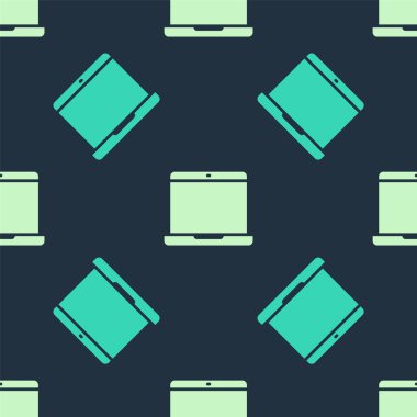 Yeşil ve bej renkli dizüstü bilgisayar simgesi mavi arkaplandaki kusursuz deseni izole etti. Boş ekran işaretli bilgisayar defteri. Vektör