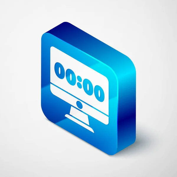 Isometric Clock on computer monitor screen icon isolated on grey background. Schedule concepts. Blue square button. Vector — Stok Vektör