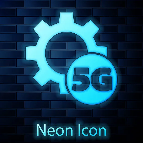 Glowing neon Setting 5G new wireless internet wifi connection icon isolated on brick wall background. Global network high speed connection data rate technology. Vector — Stok Vektör