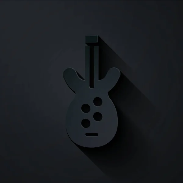Corte de papel Icono de guitarra bajo eléctrico aislado sobre fondo negro. Estilo de arte de papel. Vector — Archivo Imágenes Vectoriales