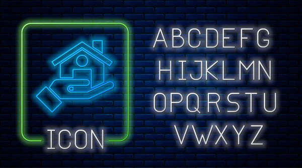 Leuchtende Neon Realtor Symbol isoliert auf Backsteinwand Hintergrund. Hauskauf. Neonlicht-Alphabet. Vektor — Stockvektor