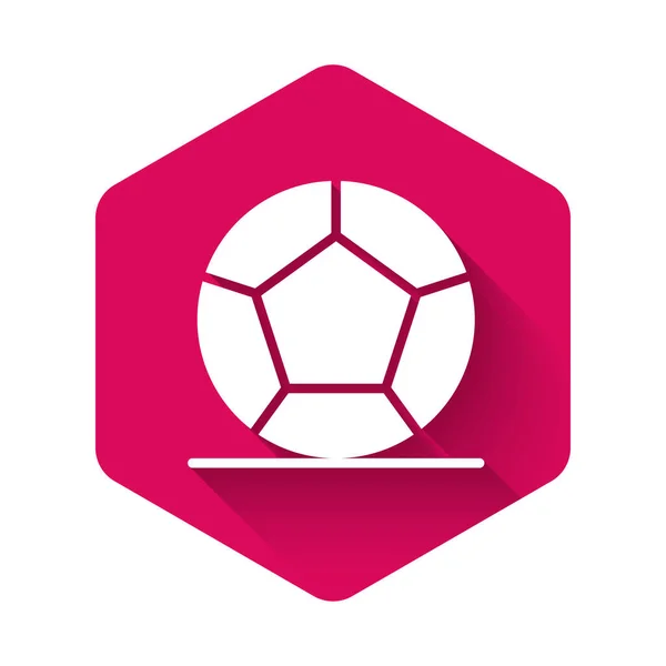 White Soccer football ball icon isolated with long shadow background. Sport equipment. Pink hexagon button. Vector — Stock Vector