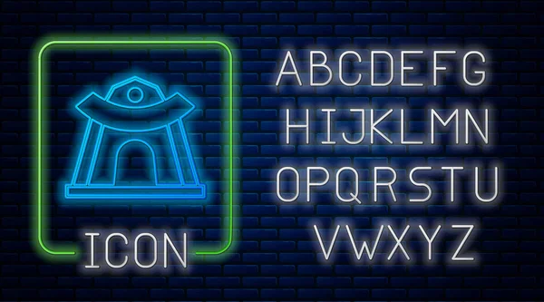 Glowing neon Traditional Korean temple building icon isolated on brick wall background. Neon light alphabet. Vector — стоковый вектор