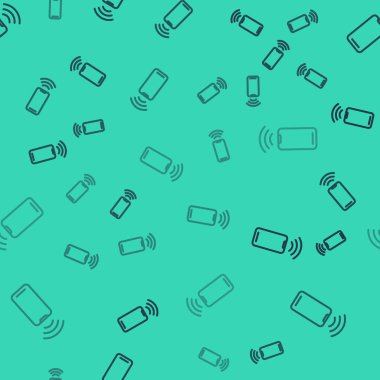 Siyah çizgi, kablosuz akıllı telefon simgesi yeşil arka planda izole edilmiş kusursuz desen. Vektör