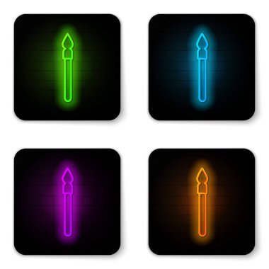 Parlayan neon hattı Ortaçağ mızrak simgesi beyaz arkaplanda izole edildi. Ortaçağ silahı. Siyah kare düğme. Vektör