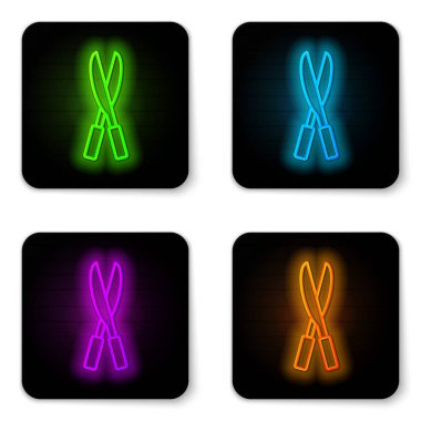 Beyaz arkaplanda izole edilmiş simgeyi budamak için parlayan neon çizgisi el yapımı makas. Ahşap saplı budama makası. Siyah kare düğme. Vektör