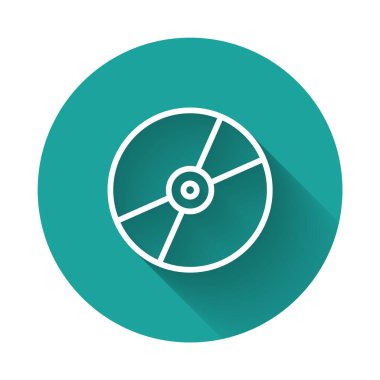 Uzun gölgeli beyaz çizgi CD veya DVD disk simgesi. Küçük disk işareti. Yeşil daire düğmesi. Vektör