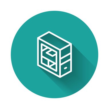 Beyaz çizgi Bilgisayar simgesi uzun gölge arkaplanı ile izole edildi. Bilgisayar bileşeni işareti. Yeşil daire düğmesi. Vektör