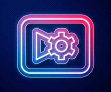 Glowing neon line Music or video settings button icon isolated on blue background. Vector