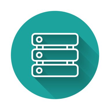 Beyaz çizgi sunucusu, Data, Web sunucu simgesi uzun gölge arkaplanı ile izole edildi. Yeşil daire düğmesi. Vektör