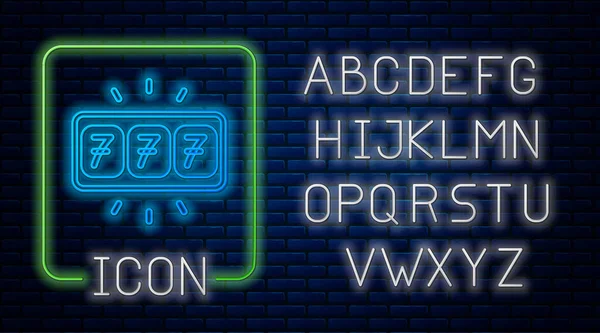 Glowing neon Slot machine with lucky sevens jackpot icon isolated on brick wall background. Neon light alphabet. Vector — Stockový vektor