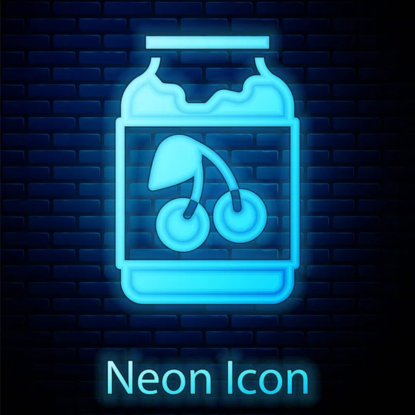Leuchtende Neon-Marmeladenglas-Symbol isoliert auf Backsteinwand Hintergrund. Vektor — Stockvektor