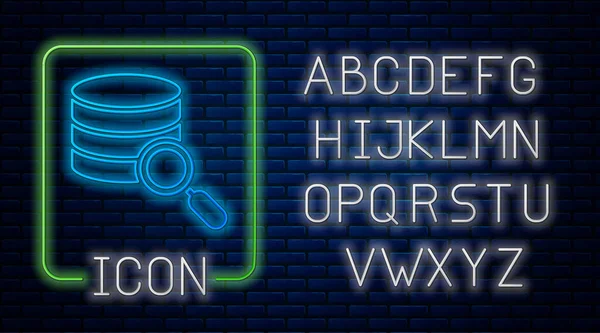 Leuchtende Neon-Server, Daten, Web-Hosting-Symbol isoliert auf Ziegelwand Hintergrund. Neonlicht-Alphabet. Vektor — Stockvektor
