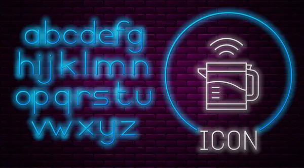 Linha de néon brilhante ícone do sistema de chaleira elétrica inteligente isolado no fundo da parede de tijolo. Ícone de bule. Internet das coisas conceito com conexão sem fio. Alfabeto claro de néon. Vetor —  Vetores de Stock