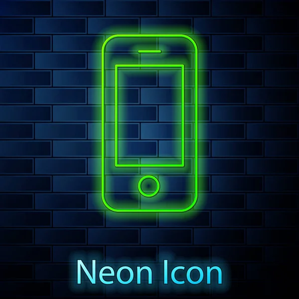 Parlayan neon akıllı telefon, cep telefonu simgesi tuğla duvar arkasında izole edilmiş. Vektör — Stok Vektör