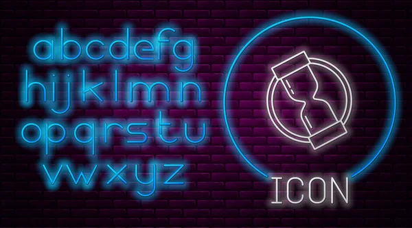 Leuchtende Neon-Linie Alte Sanduhr mit fließendem Sandsymbol isoliert auf Backsteinmauer Hintergrund. Sanduhr-Zeichen. Geschäfts- und Zeitmanagement-Konzept. Neonlicht-Alphabet. Vektor — Stockvektor