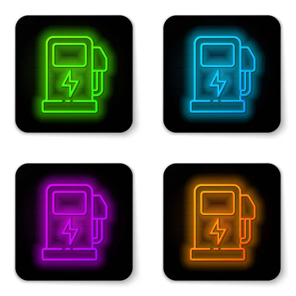 Glowing neon line Electric car charging station icon isolated on white background. Eco electric fuel pump sign. Black square button. Vector — Vector de stock