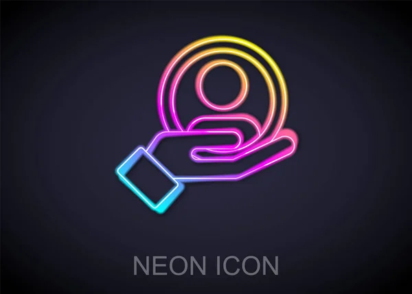 Glödande neon line Hand för att söka ett folk ikon isolerad på svart bakgrund. Rekrytering eller urvalskoncept. Sök efter anställda och jobb. Vektor — Stock vektor