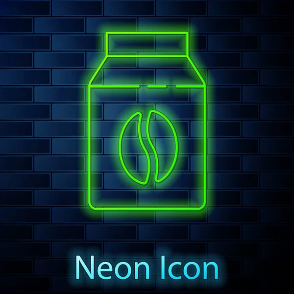 Leuchtende Neon-Linie Beutel mit Kaffeebohnen Symbol isoliert auf Backsteinwand Hintergrund. Vektor — Stockvektor