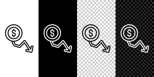 Establecer línea dólar tasa de disminución icono aislado en blanco y negro, fondo transparente. Reducción de costes. Símbolo de dinero con flecha hacia abajo. Negocio perdido crisis disminución. Vector — Vector de stock