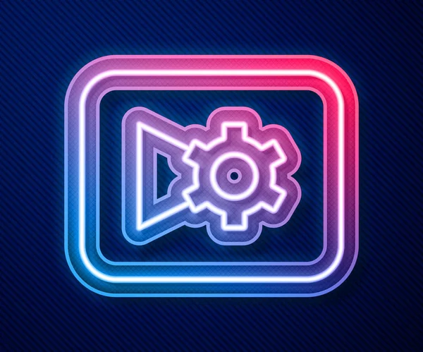Parlayan neon hattı Müzik veya video ayarları simgesi mavi arkaplanda izole edildi. Vektör