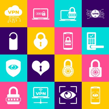 Mobil ve göz taramasını, güvenli kilit çarkını, kablosuz dijital kapıyı, laptop şifresini, Castle 'ın kalp şeklini ve lütfen simgeyi bozmayın. Vektör