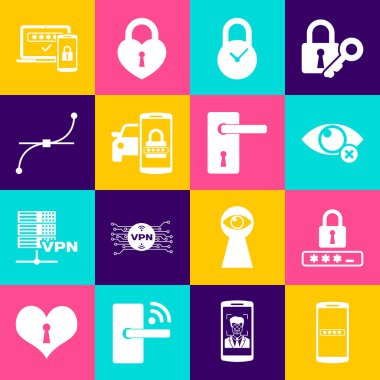 Mobil ve şifreyi, şifre korumasını, görünmezi, saati, akıllı araba güvenlik sistemini ve Bezier eğrisi simgesini ayarla. Vektör