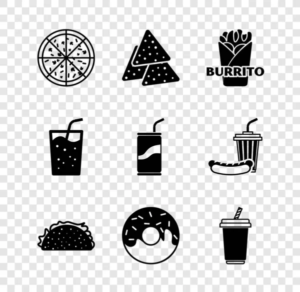 Set Pizza, Nachos, Burrito, Taco with tortilla, Donut, Glass water, and Soda can drinking straw icon. Vector — Stock Vector