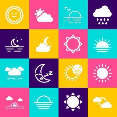 Güneş ve bulut havası, günbatımı, ay yıldızlı bulut, ay ve ikon. Vektör