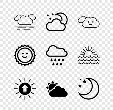 Bulut, ay ve yıldızlarla, günbatımı, bulutlu hava, ay ve yağmur ikonu. Vektör