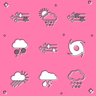 Rüzgarı ve yağmuru karla, bulutu karla, yağmuru, güneşi, kasırgayı, bulutu ve şimşeği simgeyle. Vektör