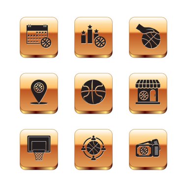 Basketbolu spor takvimine, sedyeye, planlama stratejisine, basketbol, el, maç bileti ve spor ödüllü podyum ikonuna ayarla. Vektör