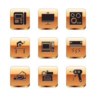 House dahili haberleşme sistemini ayarla, elektrikli planör, hava kompresörü, mikrodalga fırın, masa testeresi ahşap işçiliği ve gaz sobası simgesi için. Vektör