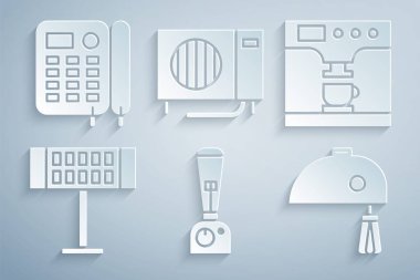 Blender, kahve makinesi, elektrikli ısıtıcı, mikser, klima ve telefon ikonu. Vektör