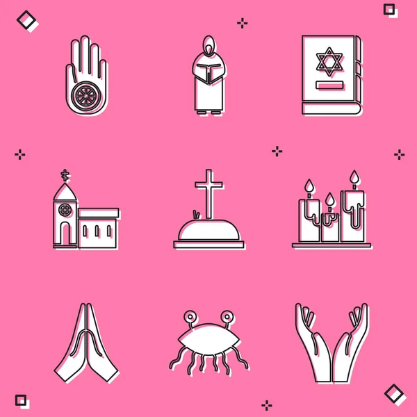 Set Jainism or Jain Dharma, Monk, Jewish torah book, Church building, Tombstone with cross, Burning candles, Hands praying position and Pastafarianism icon. Vector — Stock Vector