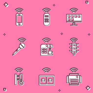Kablosuz akıllı telefonu, akıllı uzaktan kumandayı, TV sistemini, mikrofonu, kahve makinesini, trafik ışığını, termometreyi ve elektrik prizi simgesini ayarlayın. Vektör