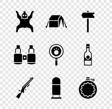 Ayı derisi, turist çadırı, trafik levhası, av tüfeği, mermi, matara, dürbün ve pati arama ikonu. Vektör