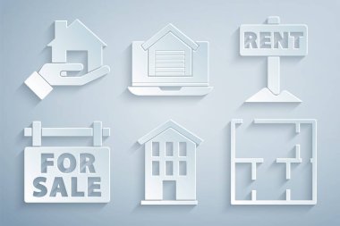 House 'u ayarla, Kira, Satılık, Plan, Çevrimiçi gayrimenkul ve emlakçı ikonu ile imzala. Vektör