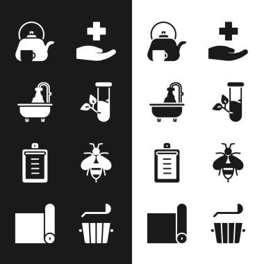 Laboratuvar camları ve yaprakları, küvet, fincanlı çaydanlık, Cross hastanesi sağlık ekibi, pano kontrol listesi, Arı, Kova Kepçesi ve Fitness rulo ikonu. Vektör