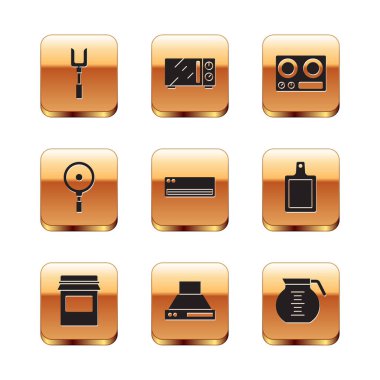 Barbekü çatalı, reçel kavanozu mutfak vantilatörü, klima, kızartma tavası, gaz ocağı, kahve demliği ve mikrodalga fırın ikonu. Vektör