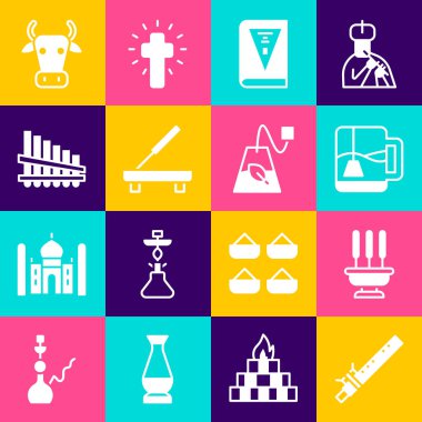 Bambu flüt, tütsü çubukları, çay poşetli çay, Hindistan Anayasa Günü, Kokulu Spa, Pan, İnek ve Çay ikonu. Vektör