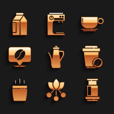 Çaydanlık, kahve çekirdeği, dal, uçak kahvesi, paket kahve, konum ve poşet fasulye ikonu. Vektör