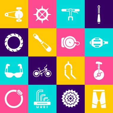 Bisiklet şortu, tek tekerlekli bisiklet, bisiklet pedalı, gidon, tornavida, lastik, dişli zincir ve çan simgesi. Vektör