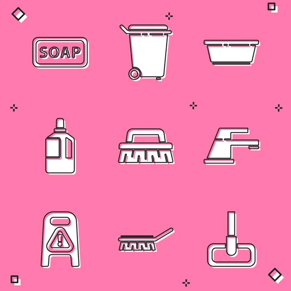 Set Bar de savon, poubelle, lavabo en plastique, adoucisseur de tissu, brosse pour le nettoyage, robinet d'eau, sol humide et progrès et icône. Vecteur — Image vectorielle