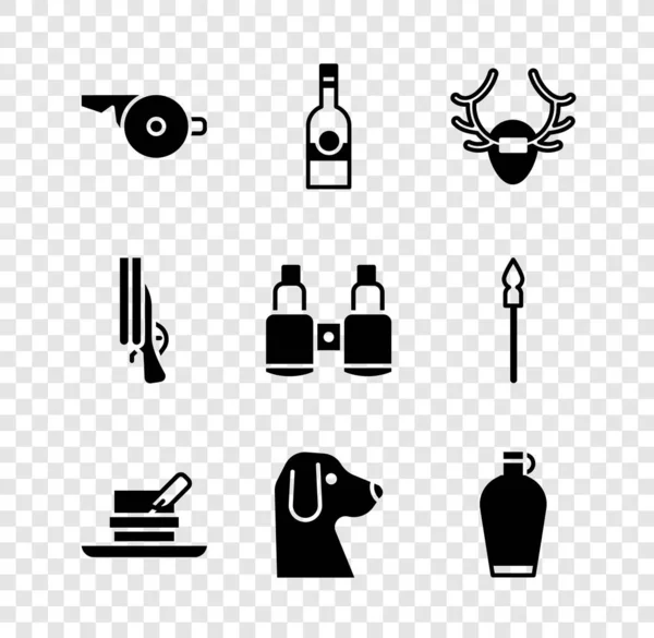 Set Fluit, Fles wodka, Hertengewei op schild, Hunter hoed met veer, Hond, Kanteen waterfles, Shotgun en verrekijker icoon. Vector — Stockvector