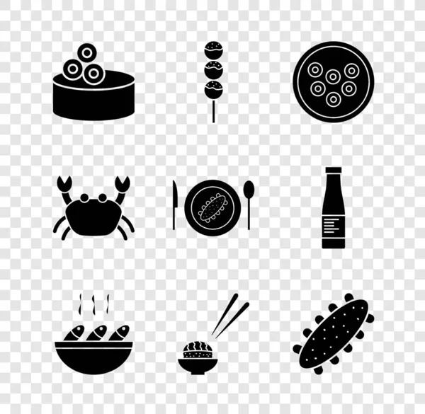 Tin konzerv kaviárral, Takoyaki pálcikával, kaviár tányér, halászlé, sushi, tengeri uborka, rák és felszolgált ikon. Vektor — Stock Vector